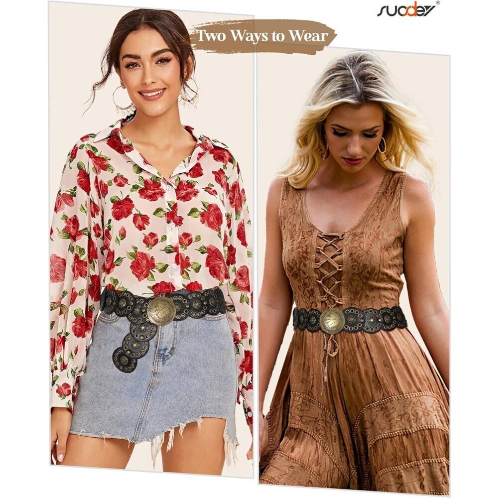 Western Women Leather Belt Faux Leather Wide Waist Pony Concho Boho Style - Picture 5 of 8